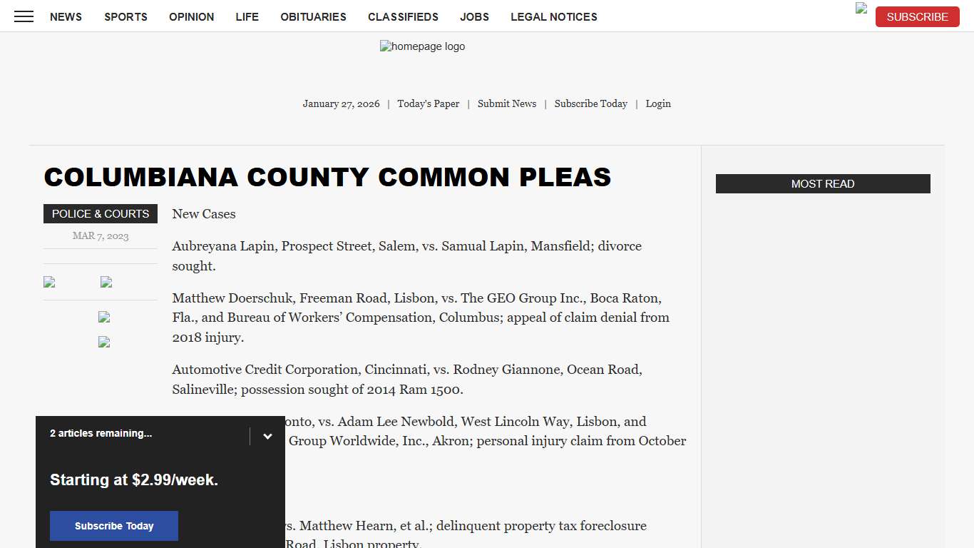 COLUMBIANA COUNTY COMMON PLEAS News, Sports, Jobs - The Review
