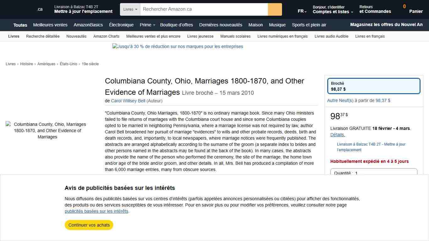 Columbiana County, Ohio, Marriages 1800-1870, and Other Evidence of Marriages : Bell, Carol Willsey: Amazon.ca: Livres